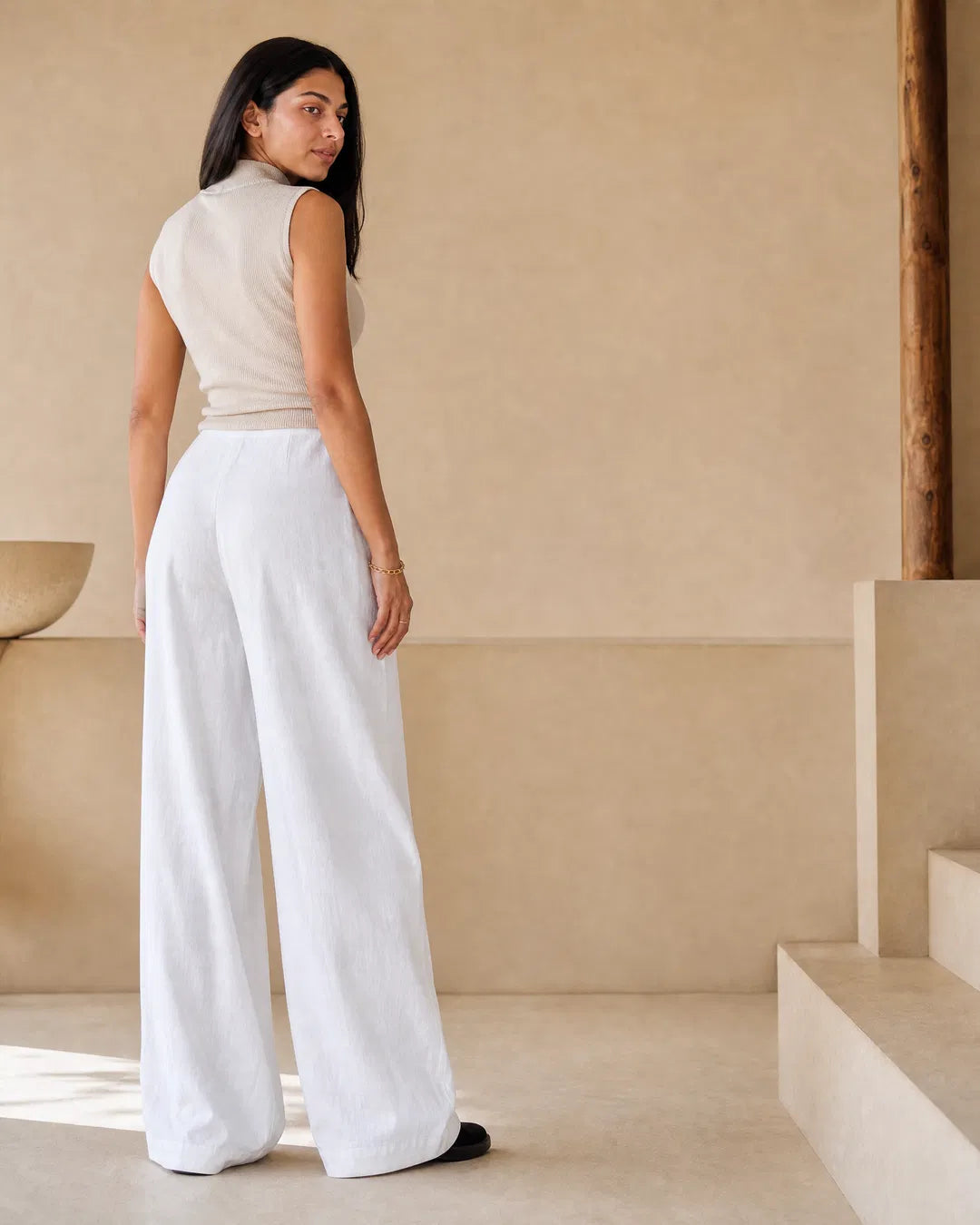 Sophia White Pure Linen Wide-Leg Pants