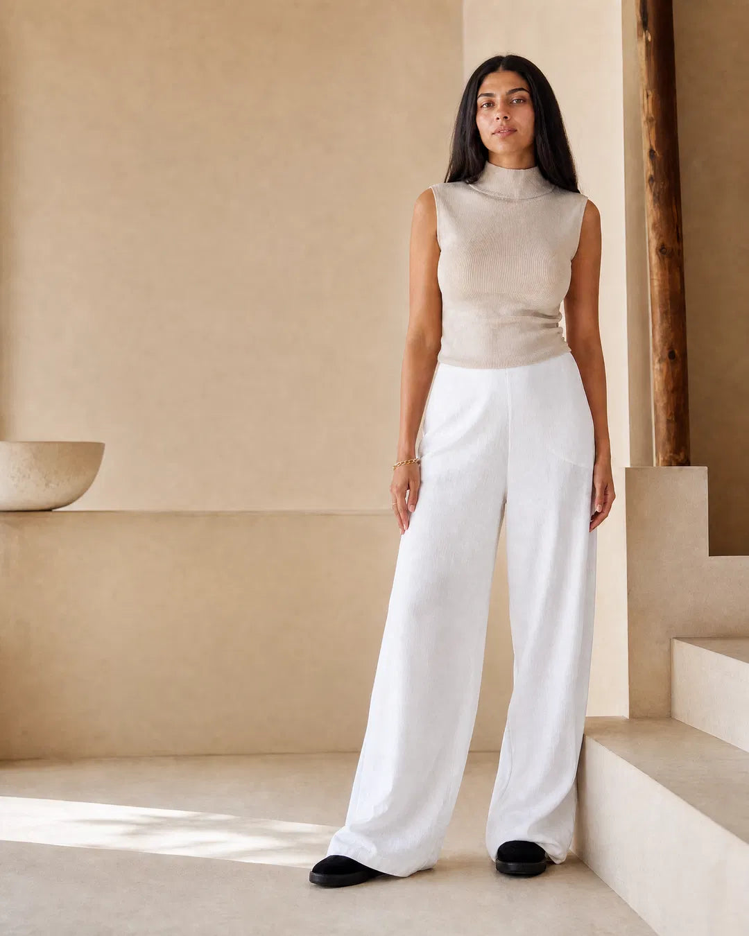Sophia White Pure Linen Wide-Leg Pants