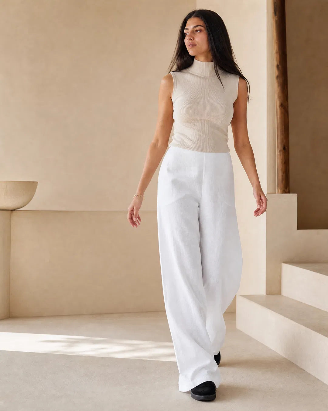 Sophia White Pure Linen Wide-Leg Pants