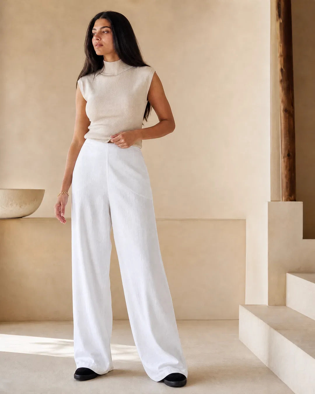 Sophia White Pure Linen Wide-Leg Pants